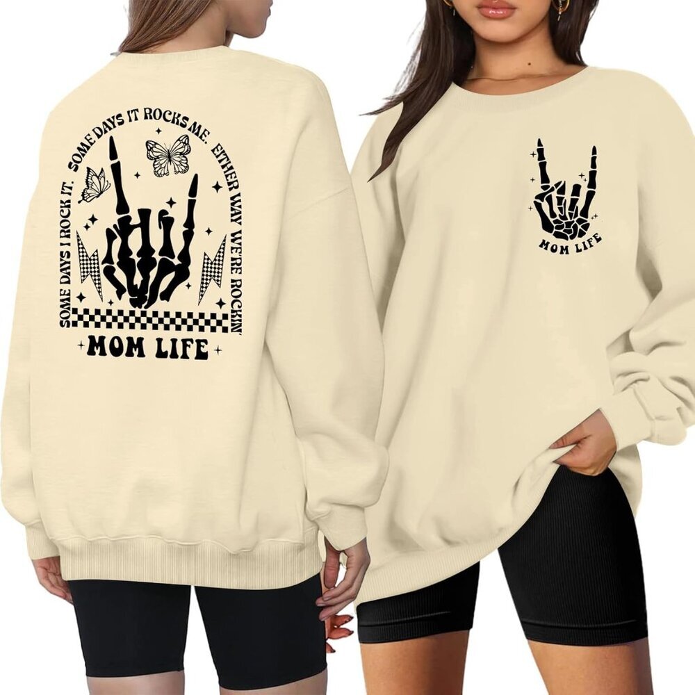 Mom Life Sweatshirt Women Oversized Skull Rebellion Long Sleeve Casual
